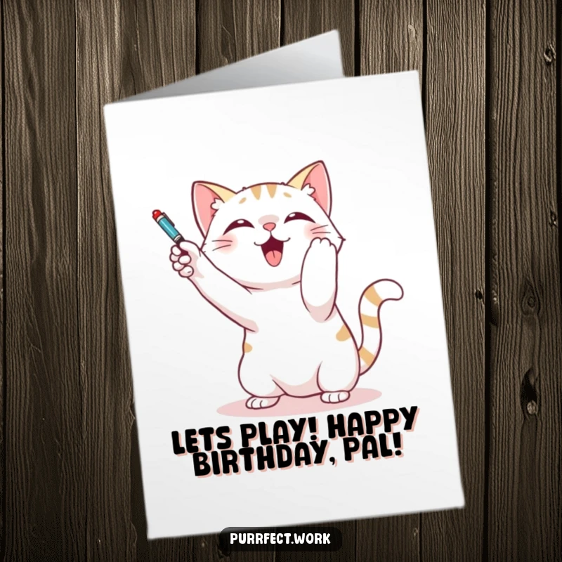 Funny Free Printable Birthday Card: A playful cat is enthusiastically batting at a pen dangling from a string, full of mischief.