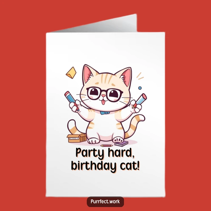 Free Printable Birthday Card: Funny Cat Juggler, Downloadable for a Fun Celebration