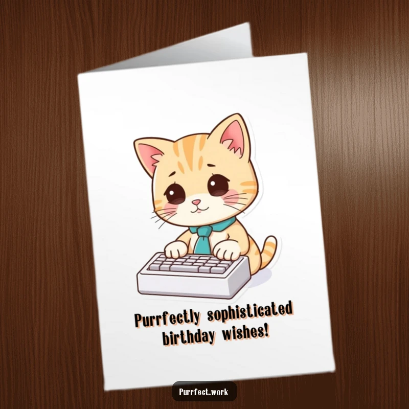 Funny Free Printable Birthday Card: Cute cat in a tie typing diligently on a mini keyboard, working hard to deliver birthday wishes.