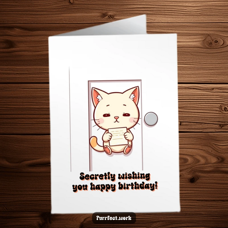 Funny Free Printable Birthday Card: Mischievous cat slips a small note under an office door for a birthday surprise.