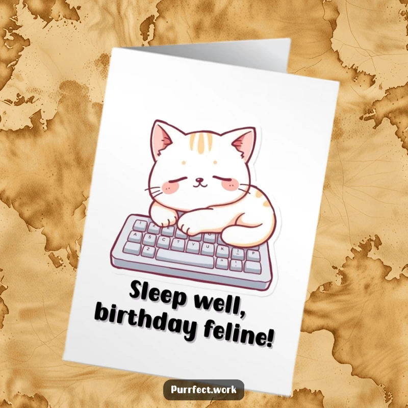 Funny Free Printable Birthday Card: A cute cat is fast asleep on a small computer keyboard, dreaming of code.