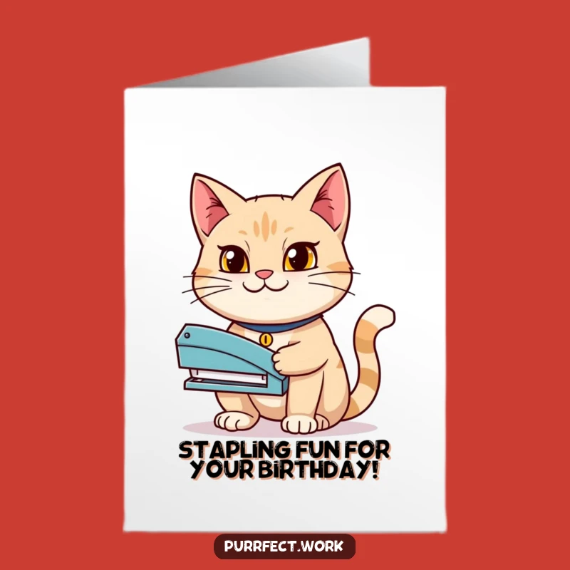 Free Printable Birthday Card: Grinning Cat Stapler Boss - Funny Downloadable Gift!