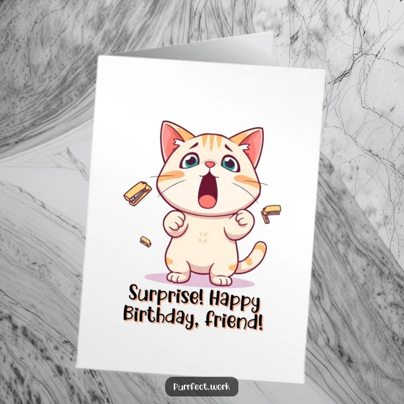 Funny Free Printable Birthday Card: Surprised cat looking shocked while juggling tiny office staplers.