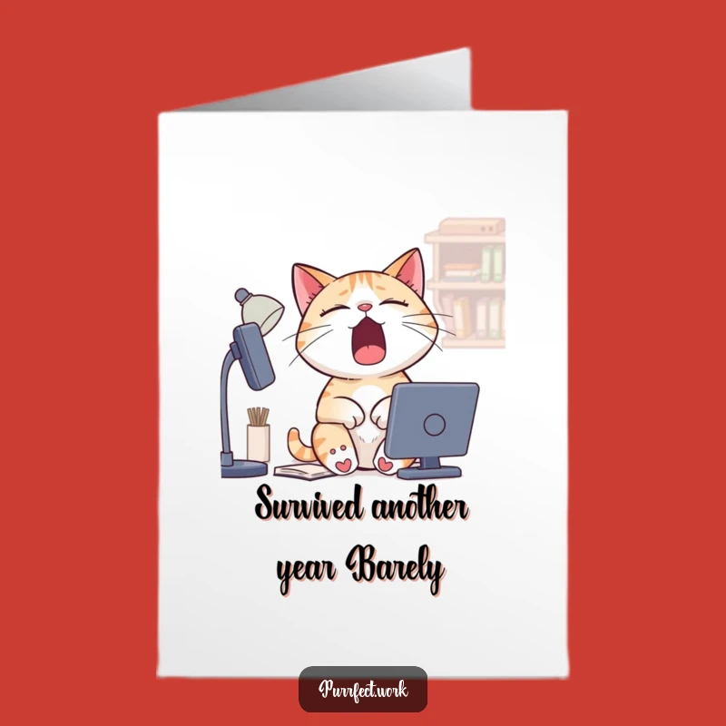 Free Printable Birthday Card: Sleepy Cat Desk Yawn Pun, Downloadable Greeting, Funny DIY Gift