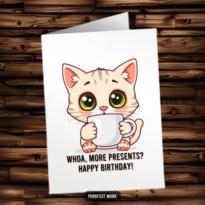 Funny Free Printable Birthday Card: A cat with comically wide eyes tightly holds a coffee mug, looking utterly surprised.