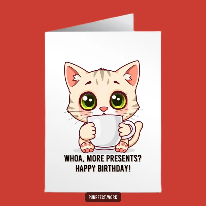 Free Printable Birthday Card: Wide-Eyed Cat Coffee Shock, Hilarious Birthday Morning Download