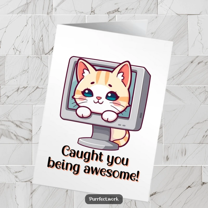 Funny Free Printable Congratulations Card: A mischievous cat peeking from behind a computer monitor, celebrating success from a hiding spot.