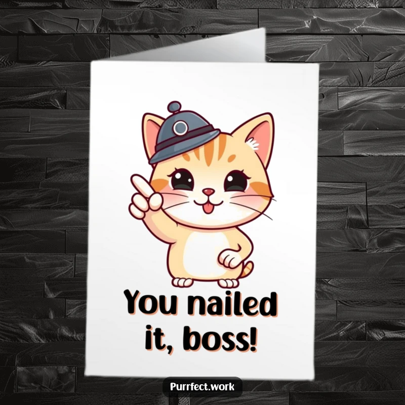 Funny Free Printable Boss Cat Congratulations Card: Proud cat in boss hat pointing at a whiteboard celebrating success.