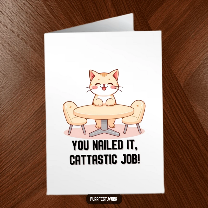Free Printable Congratulations Card: A cute cat directs a comical meeting, celebrating your big win.