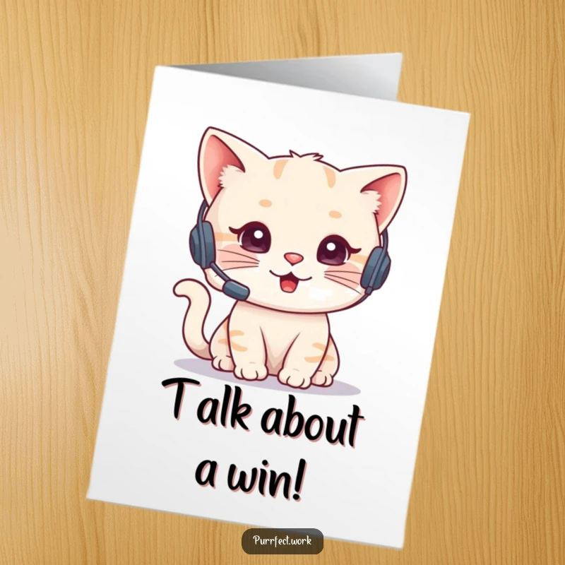 Funny free printable congratulations card: a cute cat with a headset, talking on a phone, conveying congratulations.