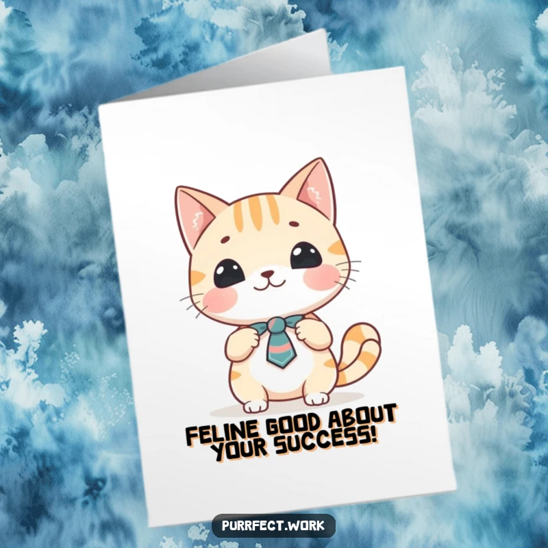 Free Printable Congratulations Card: A sophisticated cat in a tie presents great news.