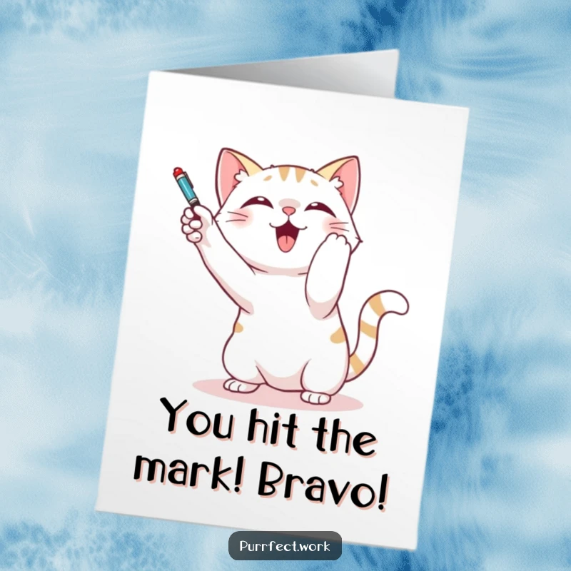 Funny Free Printable Congratulations Card: A cat playfully bats at a dangling pen, capturing a moment of energetic celebration.