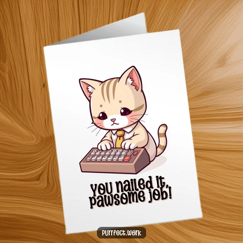 Funny free printable congratulations card: a cute cat in a tiny tie types on a miniature keyboard, celebrating achievements.