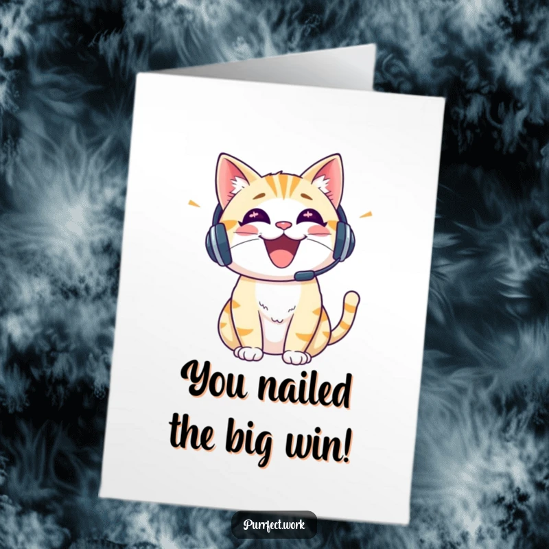 Free Printable Congratulations Card with a cheerful cat wearing a headset, enthusiastically sharing great news with humor.