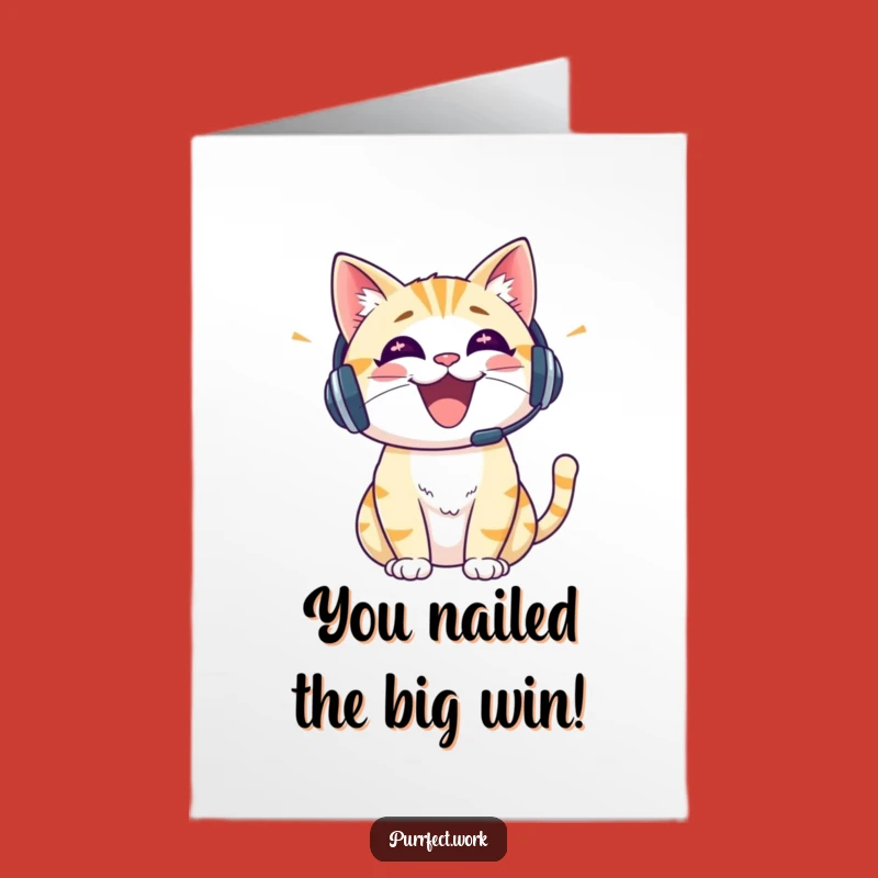 Free Printable Congrats Card: Cheerful Headset Cat, Funny Downloadable Gift for Great News