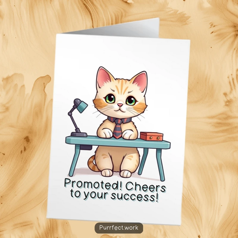 Funny Free Printable Congratulations Card: A cat in a tiny tie sits at a miniature desk, looking pleased with its accomplishments.