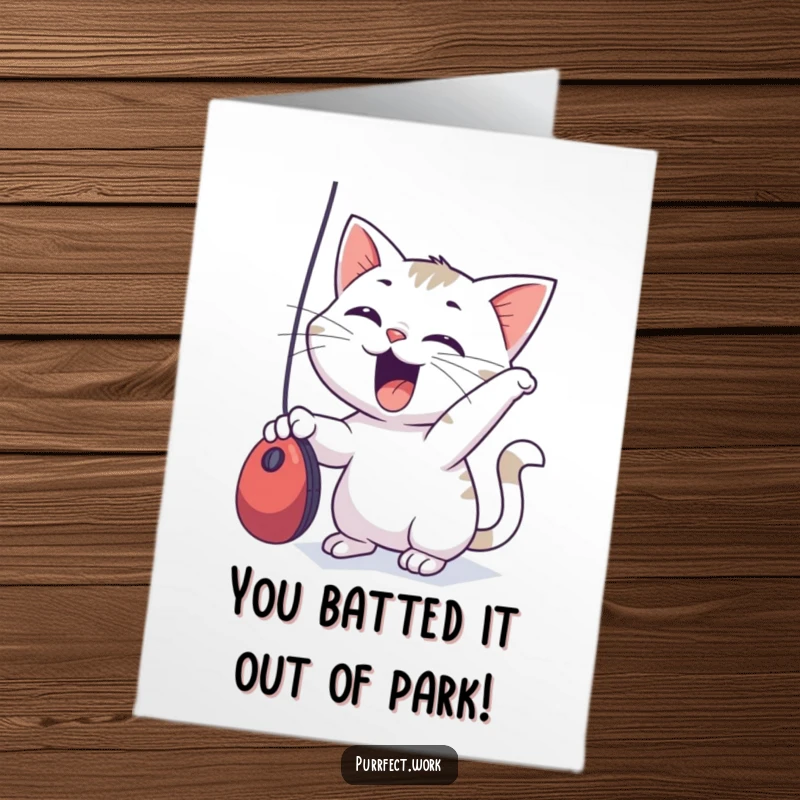 Funny Free Printable Congratulations Card showing an excited cat character eagerly batting at a computer mouse.