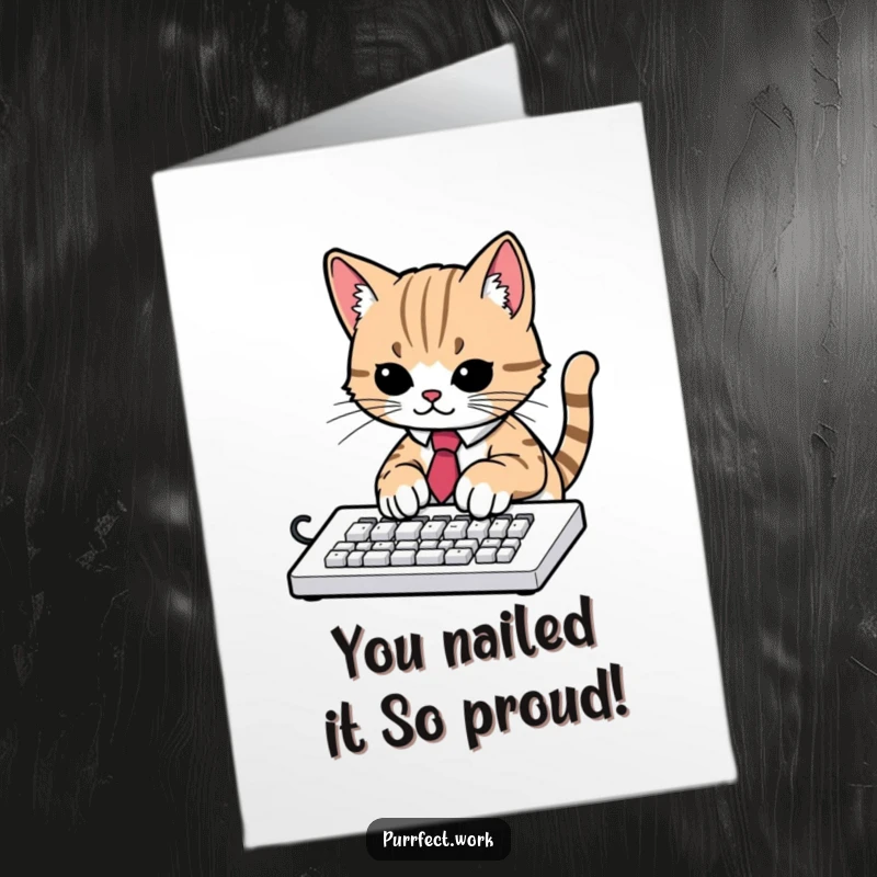 Funny Free Printable Congratulations Card: Cat in tie works hard at keyboard, a hilarious way to say congrats.