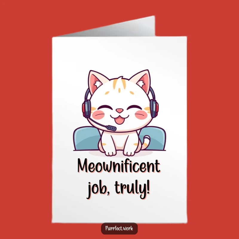 Free Printable Congrats Card: Grinning Cat, Meeting Headset, Downloadable Success Gift