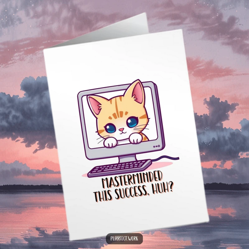 Funny Free Printable Congrats Card: Mischievous cat hiding behind a computer, hinting at a successful tech project completion.