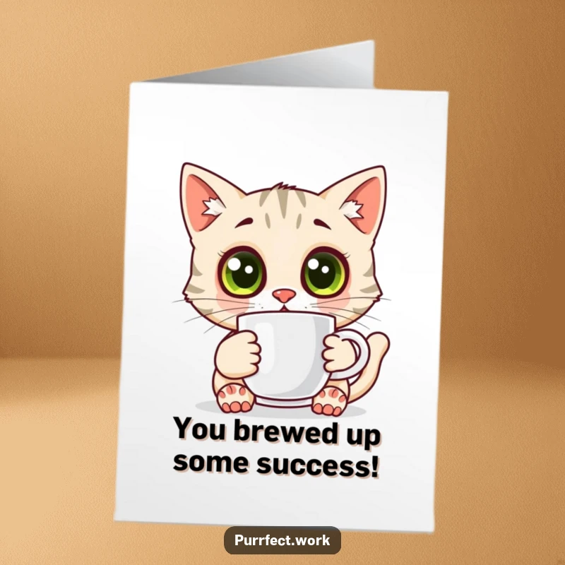 Funny Free Printable Congratulations Card: A cat with enormous eyes clutches a coffee mug, expressing shock and celebration.
