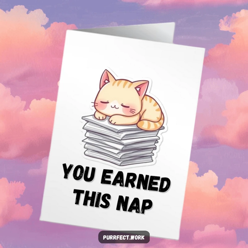 Funny Free Printable Congratulations Card featuring a mischievous cat napping on papers, symbolizing earned rest.