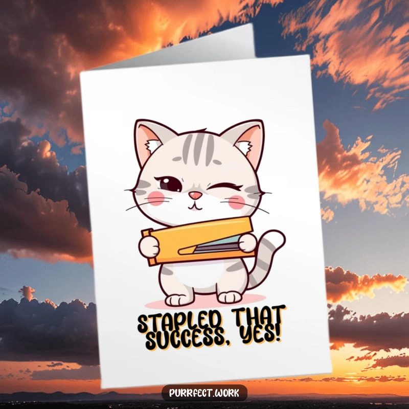 Funny Free Printable Congrats Card: Winking cat brandishes a tiny stapler, signifying swift action and successful completion.