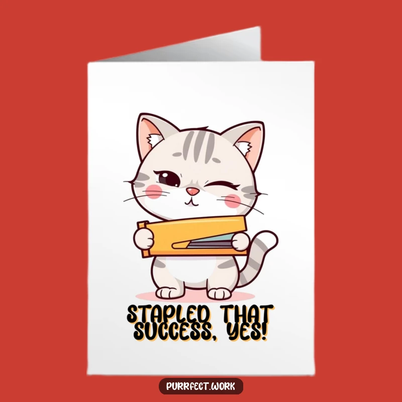 Free Printable Congrats Card: Winking Cat, Stapler Action, Downloadable Success Gift