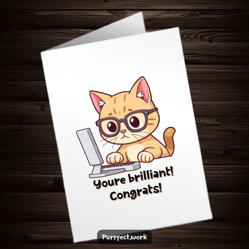Funny Free Printable Congratulations Card: Cat wearing glasses focuses on computer, a wise and humorous congratulatory message.