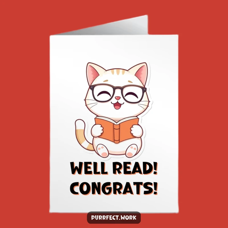 Free Printable Congrats Cat Card: Smart Cat Glasses Reading Book Greeting