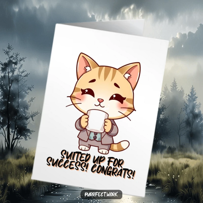 Funny Free Printable Congratulations Card: A cat in a smart suit holds a coffee mug, offering congratulations with a knowing smirk.