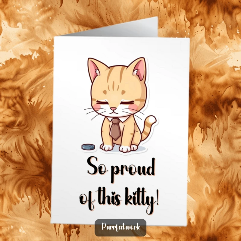 Funny Free Printable Congratulations Card: Cat wearing a tie works diligently, a symbol of your impressive accomplishment.