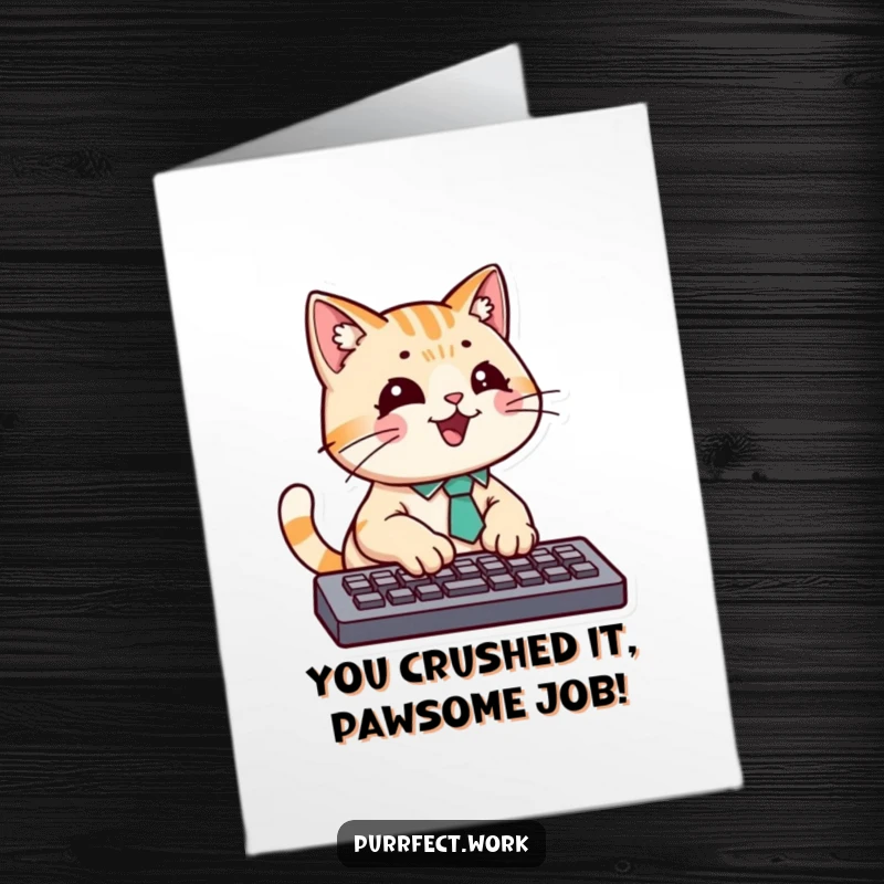 Funny Free Printable Congratulations Card featuring a cat character in a tie, intensely typing on a keyboard.