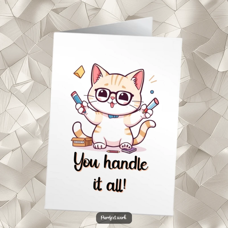 Funny Free Printable Congratulations Card featuring a cat character expertly juggling office supplies with its paws.