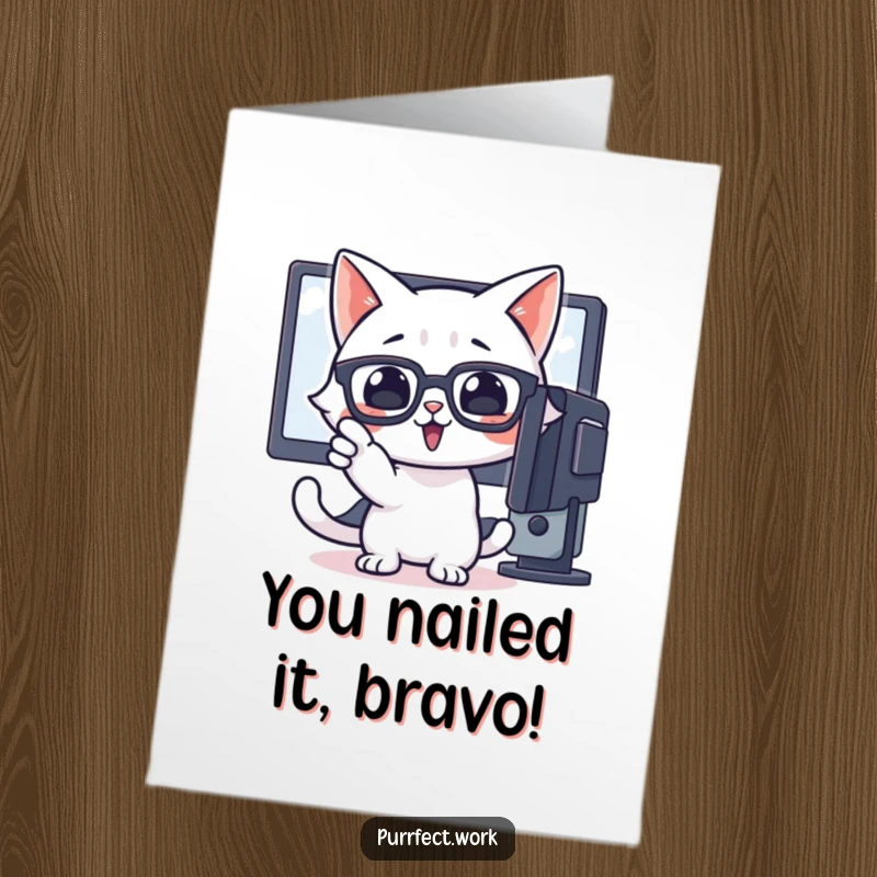 Funny Free Printable Congratulations Card showing a cat with glasses pointing excitedly at a computer monitor.