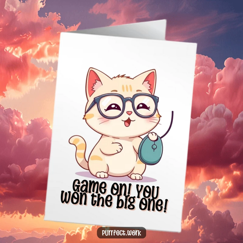 Funny Free Printable Congratulations Card: Playful cat wearing glasses bats at a computer mouse, celebrating your success.