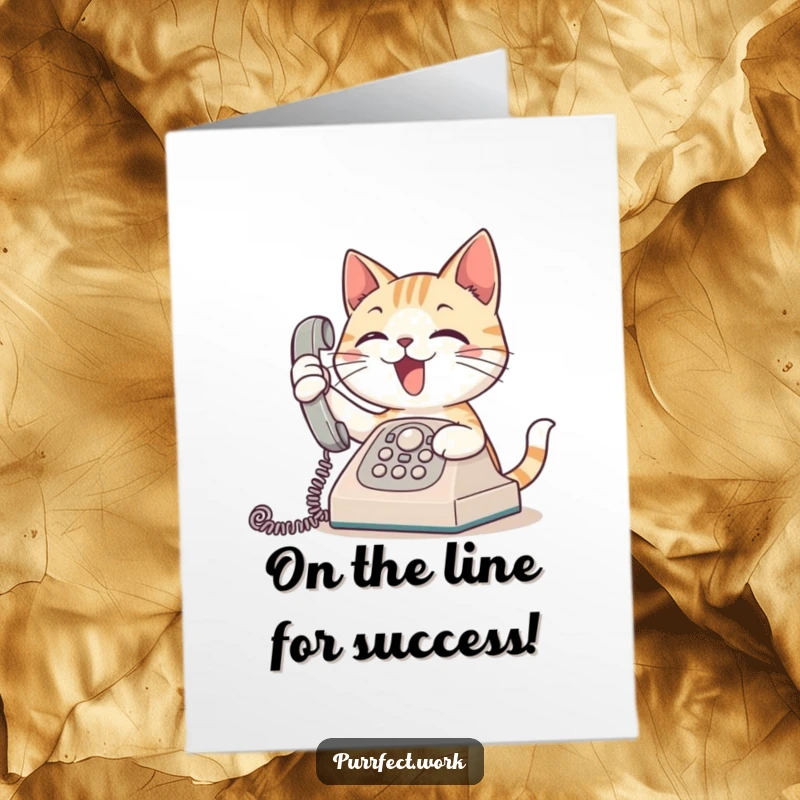 Funny Free Printable Congratulations Card: Cat eagerly answers a ringing phone, a dynamic way to say congrats.