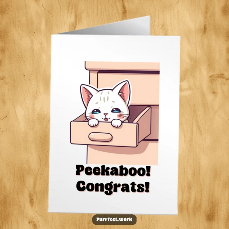 Funny Free Printable Congratulations Card: A cat curiously peeks from a desk drawer, symbolizing a hidden talent or surprise success.