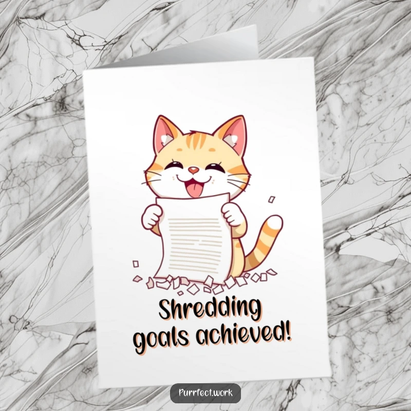 Funny Free Printable Congratulations Card: A cat gleefully tearing up a document with its claws, symbolizing breaking free