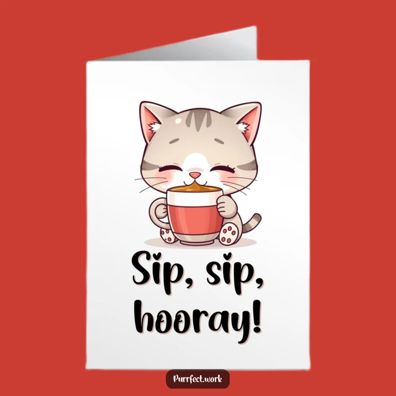 Free Printable Congrats Card: Happy Cat Coffee Break for a Humorous Downloadable Gift