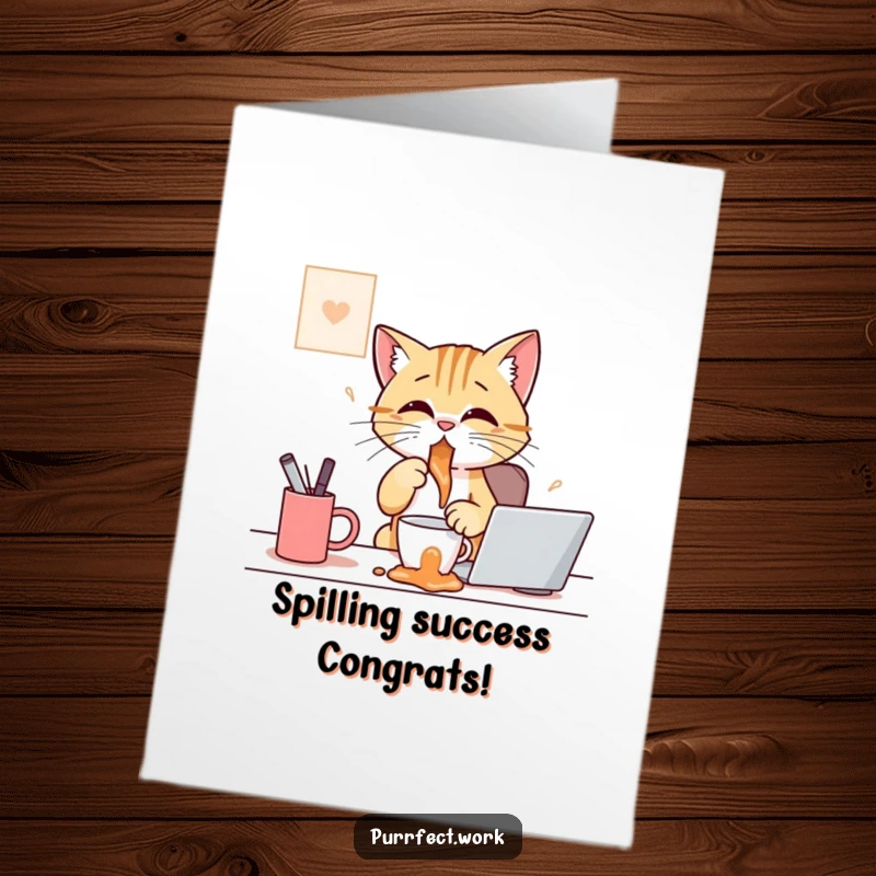 Funny Free Printable Congratulations Card: Cat spills coffee at desk, a comical way to celebrate achievements.