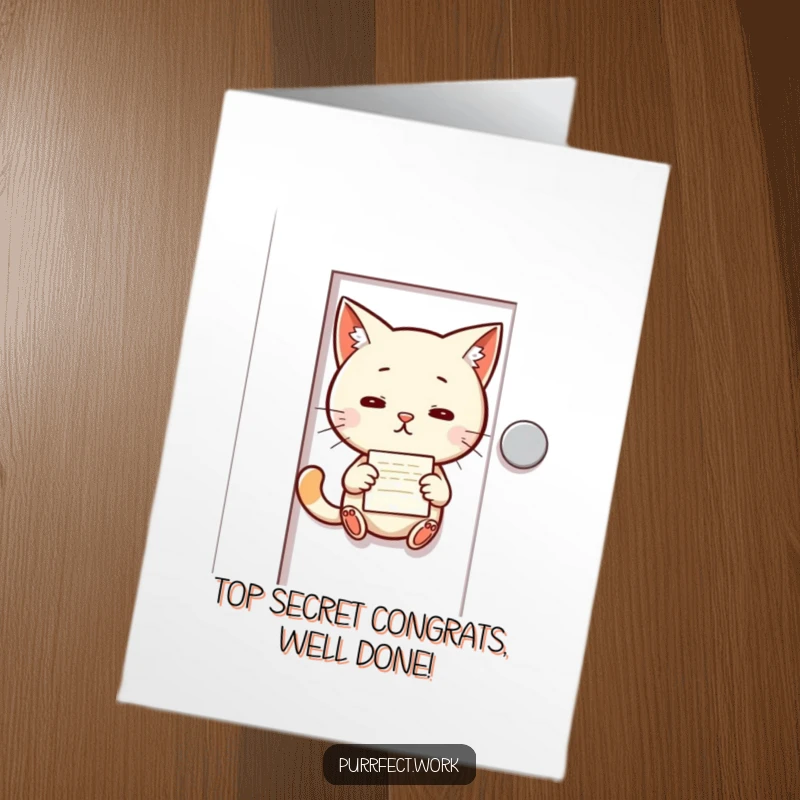 Funny Free Printable Congratulations Card: Mischievous cat slips a note under a door, conveying congratulations secretly.