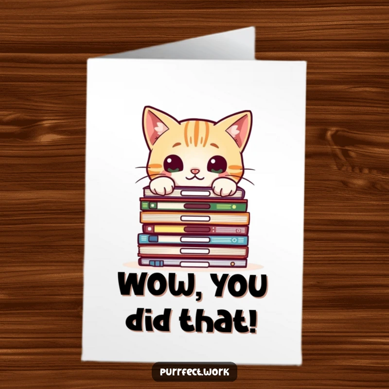 Funny Free Printable Congrats Card: Curious cat peeking over a mountain of office files, symbolizing investigation into success.
