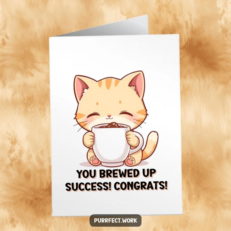 Funny free printable congratulations card: a cute cat cherishes a tiny coffee mug, radiating joy and a sense of accomplishment.