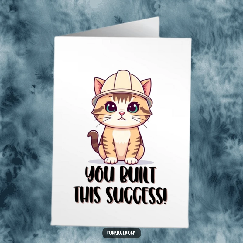 Funny Free Printable Congratulations Card: Determined cat wearing a hard hat, ready to conquer new challenges and celebrate wins.