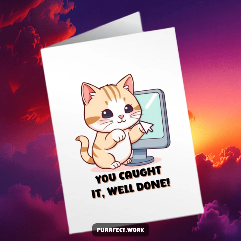 Funny Free Printable Congratulations Card: A cat intensely focused on pawing a digital mouse cursor on a computer screen.