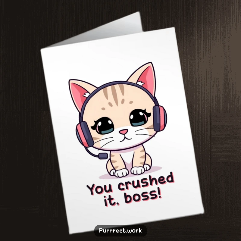 Funny Free Printable Congratulations Card: A cat wearing a headset, looking concentrated while working, perfect for celebrating an achievement