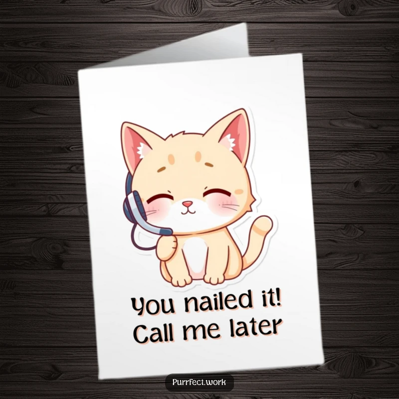 Funny Free Printable Congratulations Card: Cheeky cat wearing headset, busy on phone, with confetti for celebration.