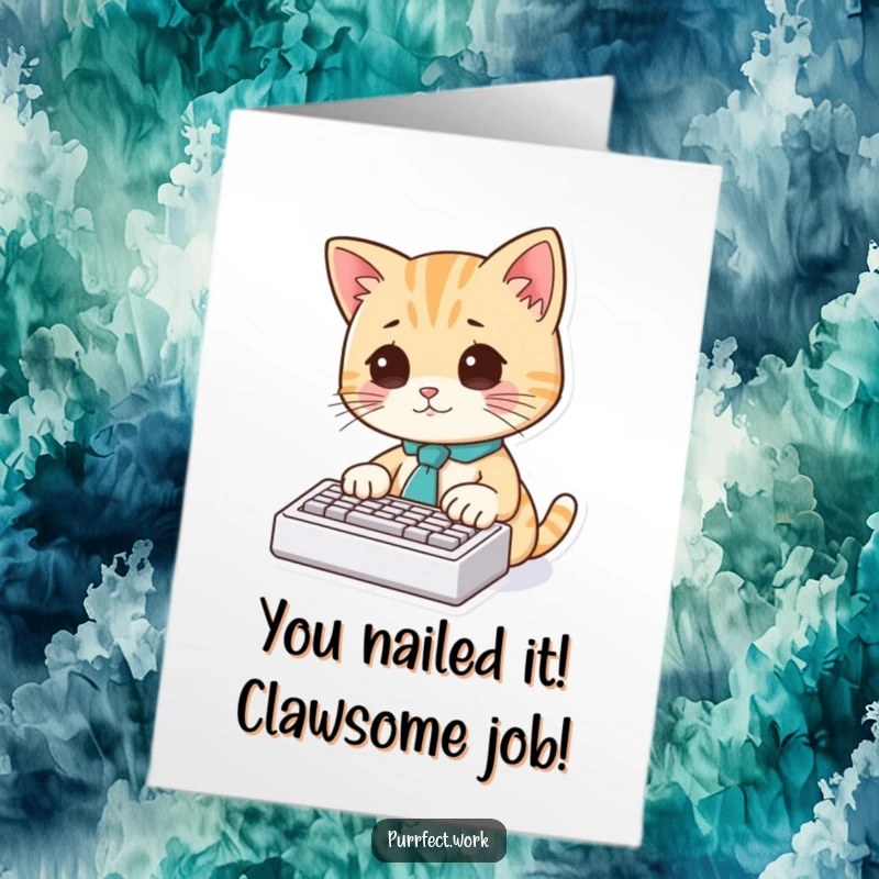 Funny Free Printable Congratulations Card: Adorable cat wearing a tie, focused on typing a congratulatory message on a tiny keyboard.