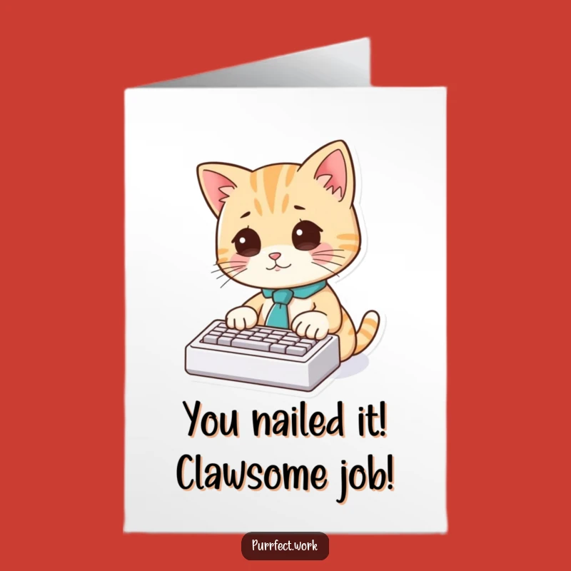 Free Printable Congrats Cat Card: Tiny Tie Office Cat Typed Success Greeting